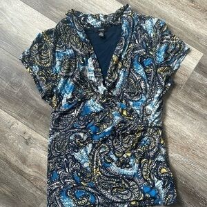 Alfani top XL Blue goldenrod paisley blouse wrap front career top